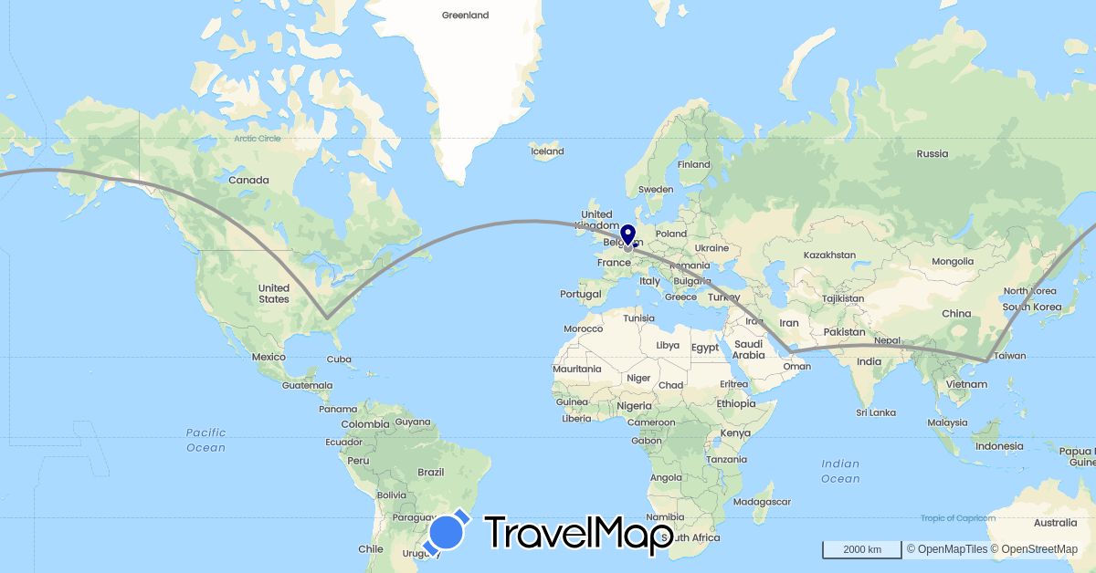 TravelMap itinerary: driving, plane in United Arab Emirates, China, Germany, France, United States (Asia, Europe, North America)